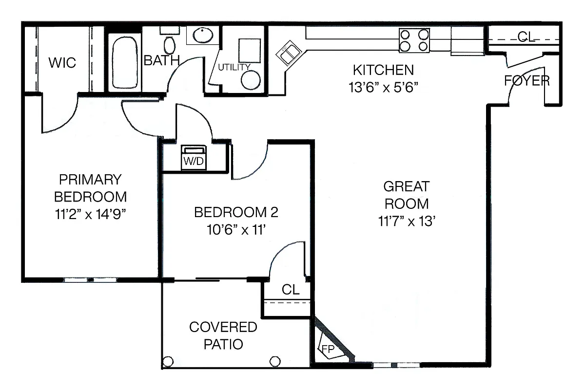 Floor plan 2 Bedroom 1 Bath w/Open Living Area