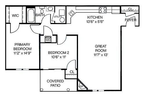 Floor plan 2 Bedroom 1 Bath w/Open Living Area