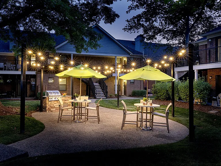 Outdoor dining patio at dusk
