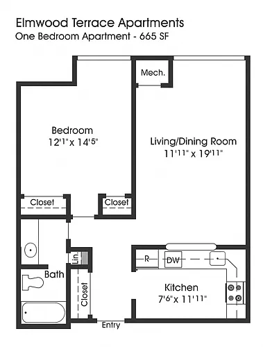 Floor plan 1BR 1BA (665sf)
