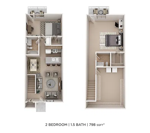 Floor plan 2 Bed 1.5 Bath 798sqft