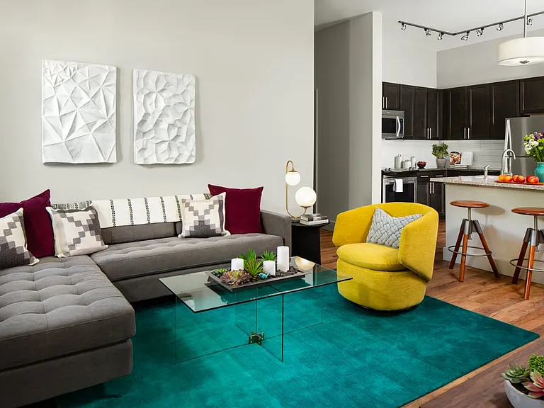 Apartment living room with wood-style flooring.