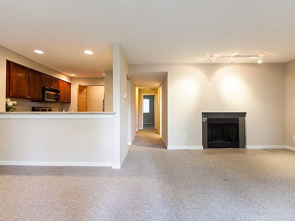 Wood-burning fireplace.