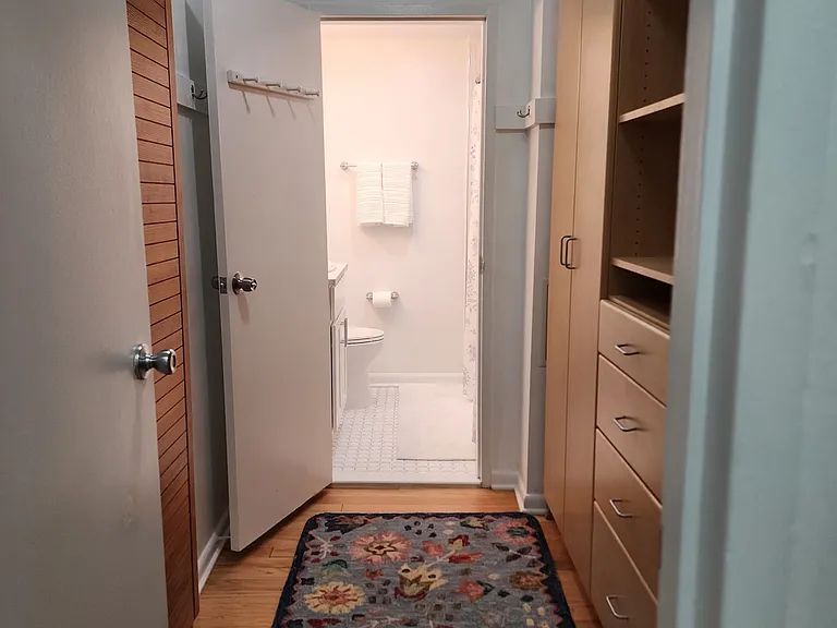 Walk through closet with storage on both sides.