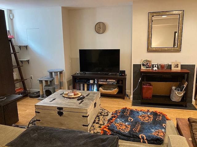 Close-up of living room and fireplace