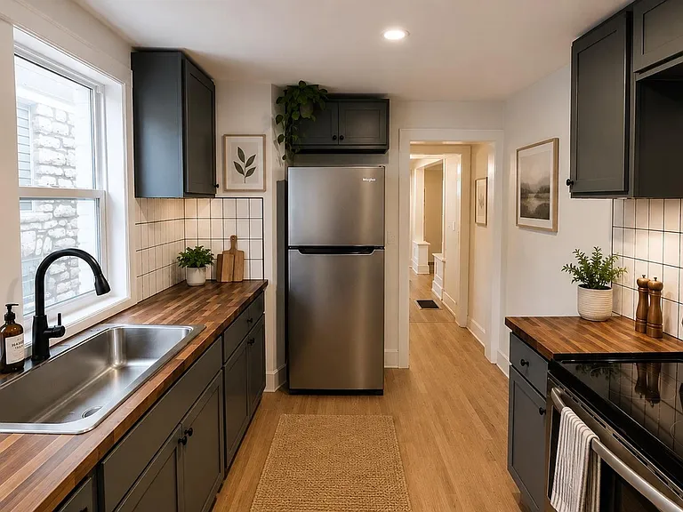 Galley kitchen with ample counter space, subway-tile backsplash, and stainless appliances, plus a large window over the sink.