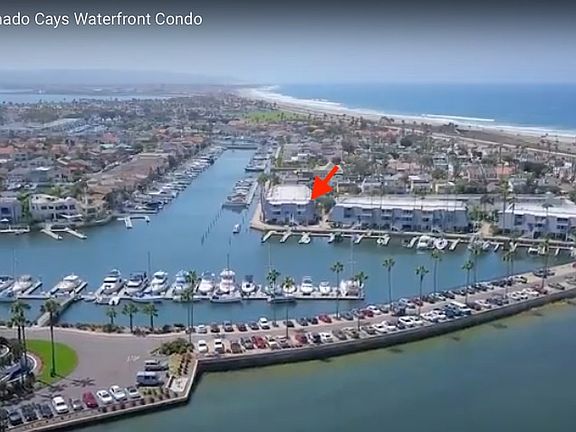 Aerial view of Montego Village in Coronado Cays on the bay side, with a short stroll leading to the Silver Strand State Beach and Pacific Ocean.