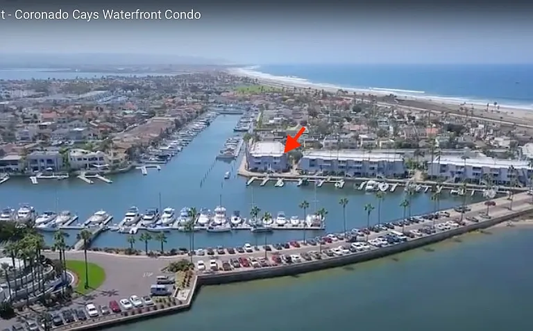 Aerial view of Montego Village in Coronado Cays on the bay side, with a short stroll leading to the Silver Strand State Beach and Pacific Ocean.