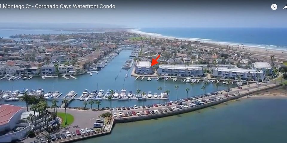 Aerial view of Montego Village in Coronado Cays on the bay side, with a short stroll leading to the Silver Strand State Beach and Pacific Ocean.