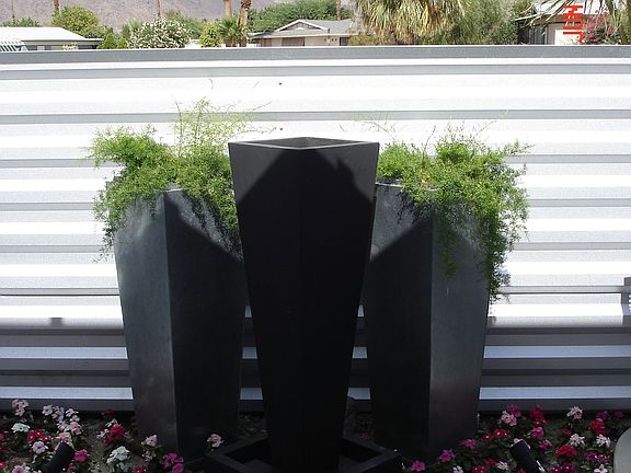 Mt. San Jacinto from front patio. Fountain flanked by planters.