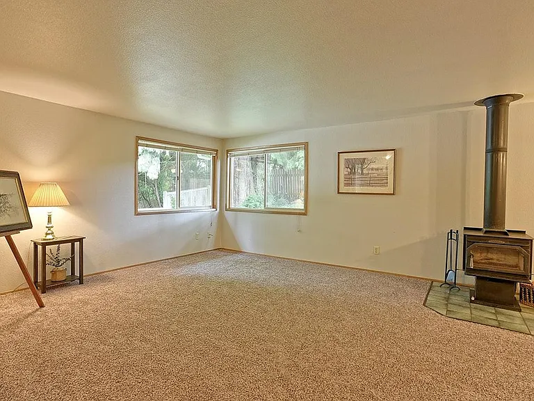 Main living area and free standing wood stove