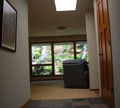 Slate entry leading to pond view