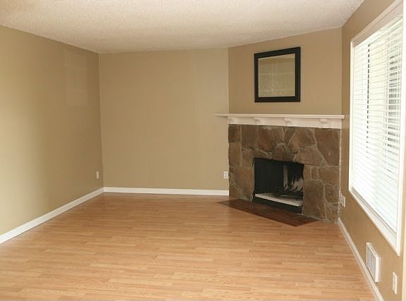 Living room with wood fireplace