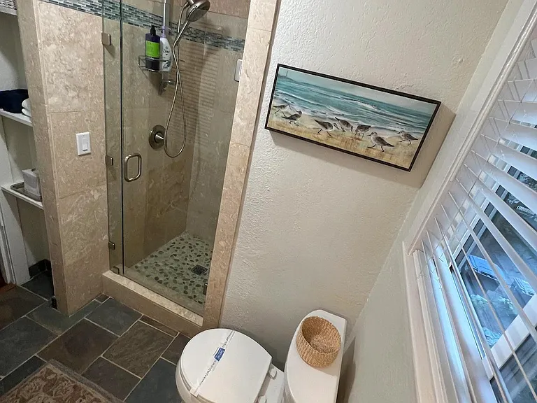 Travertine shower with high-end faucet, and seamless glass door.