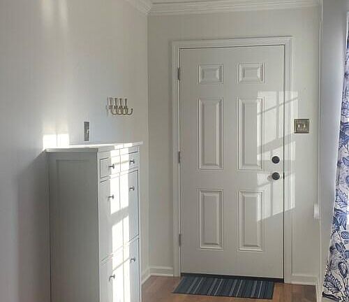 Front door entrance with shoe organizer attached to the wall