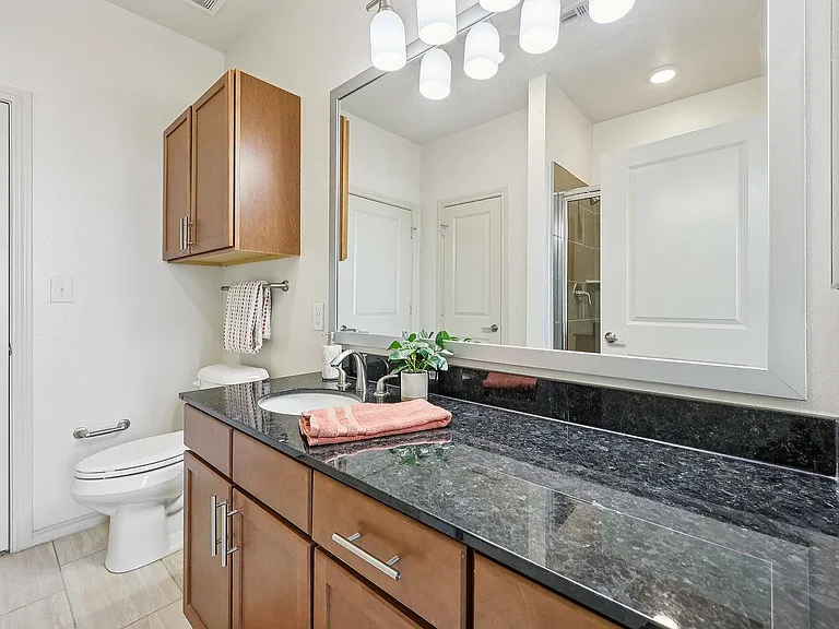 Contemporary bathroom with granite vanity and designer fixtures.