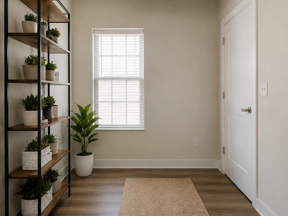 Bright entryway with high ceilings and clean contemporary finishes.