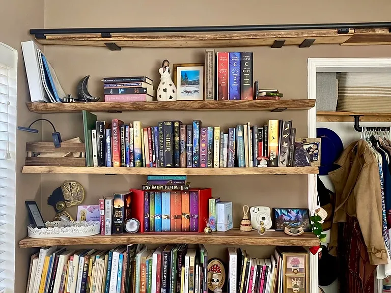custom built, live-edge floating bookshelf