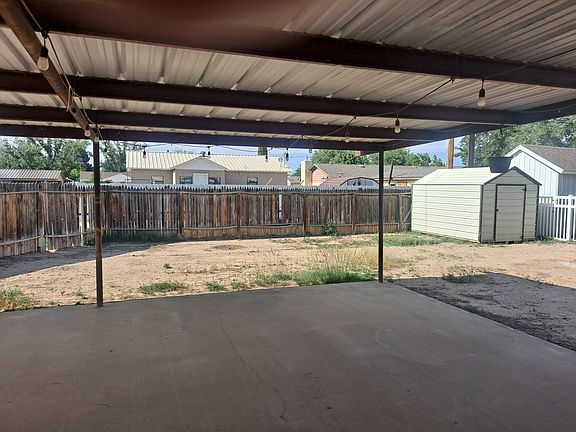 Backyard patio and shed.