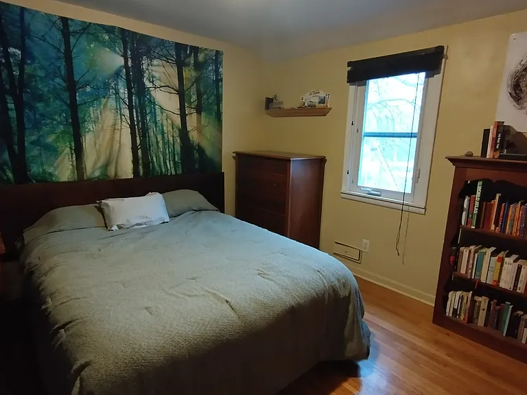 Bedroom with queen bed and dresser, closet rail