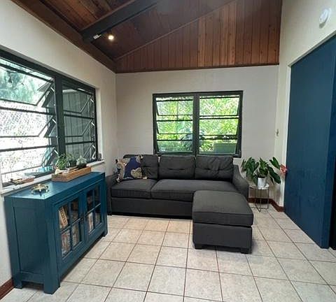 Living area; fully furnished; heigh ceilings; w/ ceiling fans on forest line. To the right /blue wall also shoji doors to separate living from the sleeping area.