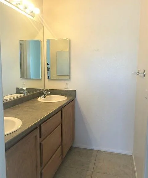 Primary bedroom with dual sinks and walk-in closet.