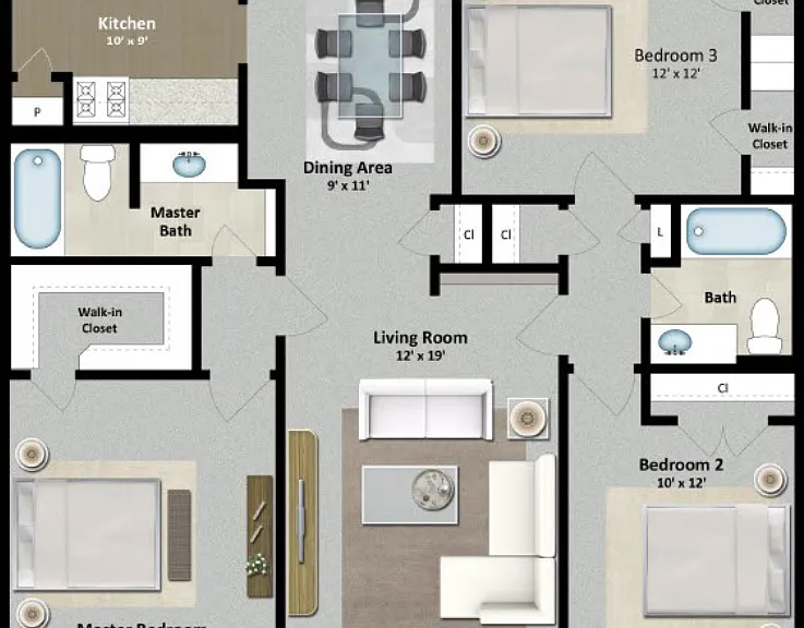 3 Bed 2 Bath A Floorplan Diagram