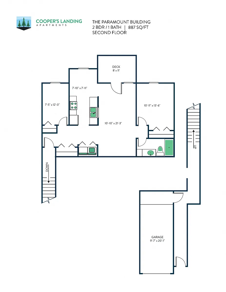 Floor plan 2 Bed, 1 Bath - 887 sq ft