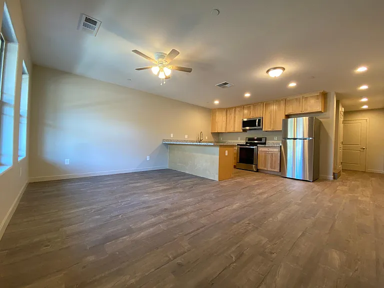 Light and open living room, kitchen and dining area floor plan