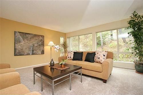 Living Room w/ Wooded Views and Fireplace