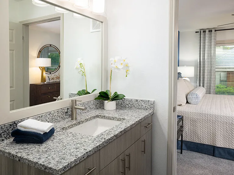 Wood grain cabinets and framed mirrors