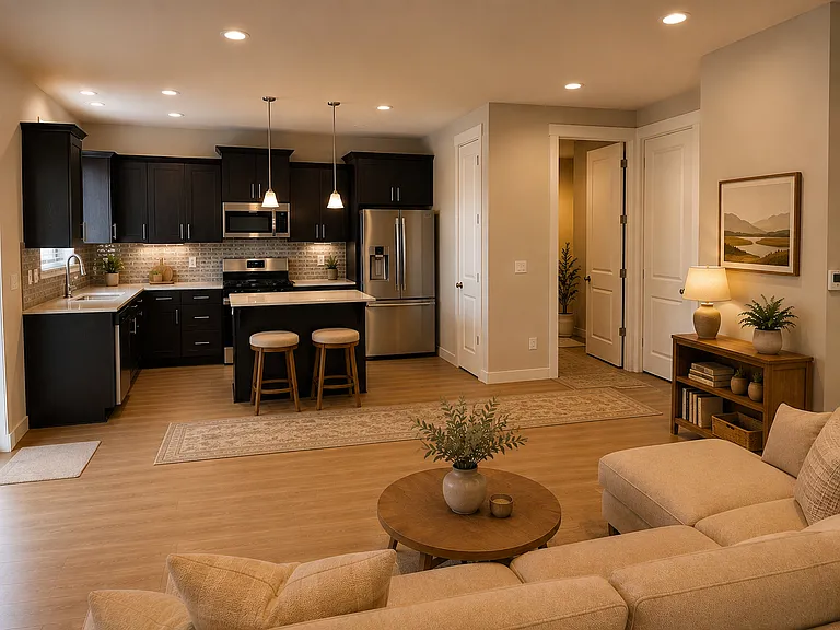 KITCHEN FROM LIVING ROOM - AI ENHANCED