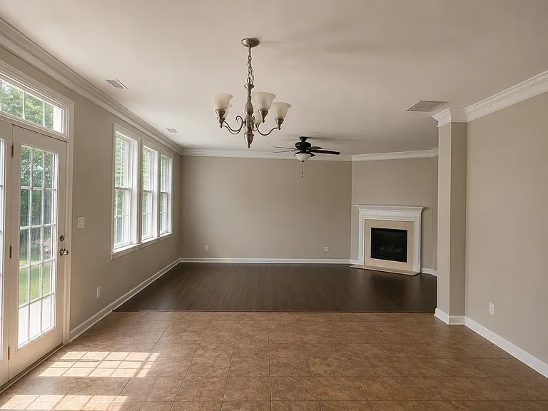 Kitchen opening into dining and family room - open floor plan