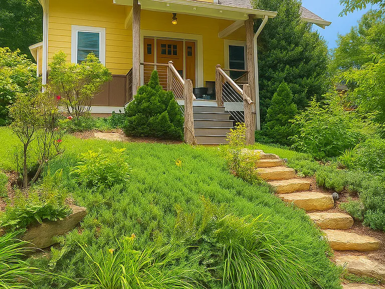 Stone steps lead from driveway to home
