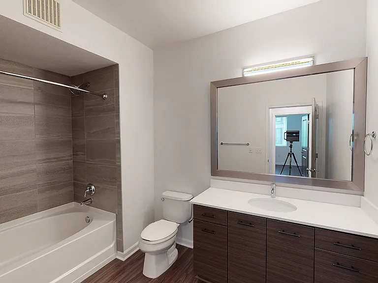 Apartment bathroom with wood-style flooring.