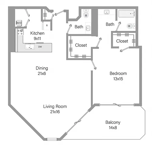 Floor plan A2 - 1BR 1BA (1036 SF)