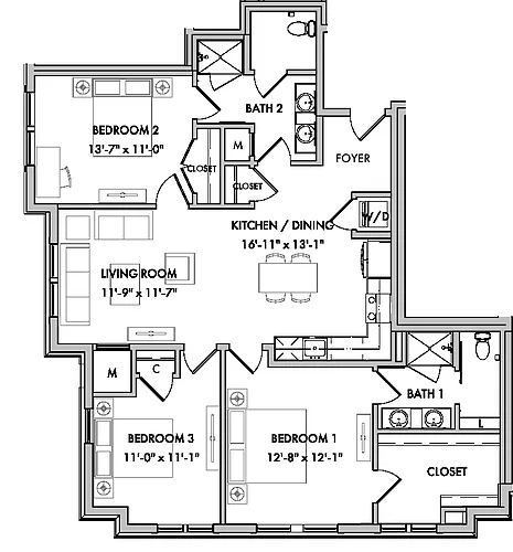 Floor plan Mansions 1 3 Bed/2 Bath-C2