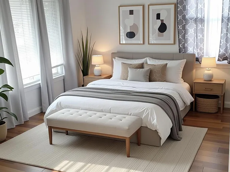 Bedroom with a full bed, nightstands, and large windows with curtains, plus a bench and area rug.