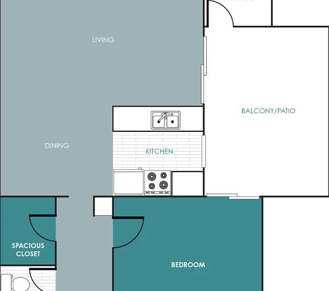 1 Bed 1 Bath Floorplan Diagram