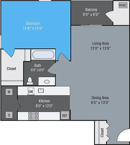 Floor plan Carlton - 1 Bedroom 1 Bath