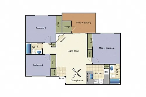 Floor plan 3 Bedrooms 2 Baths - 32A