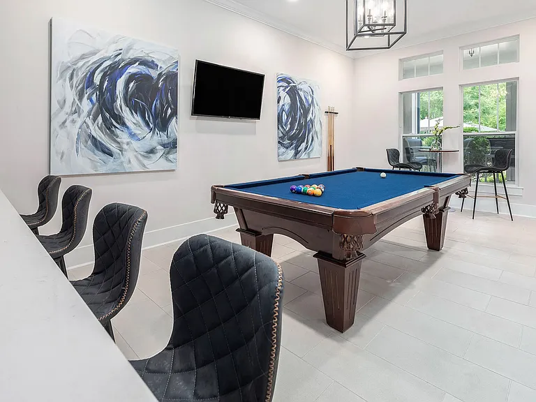 Resident game room with billiards table, lounge seating, and modern finishesperfect for entertainment and social living in Charlotte.