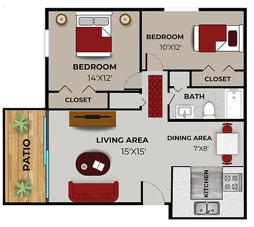 Floor plan 2 Bedroom, 1 Bathroom