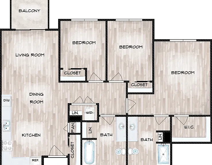 3 Bed 2 Bath B Floorplan Diagram