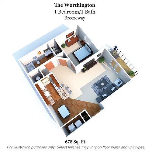 Floor plan The Worthington: 1 Bed, 1 Bath
