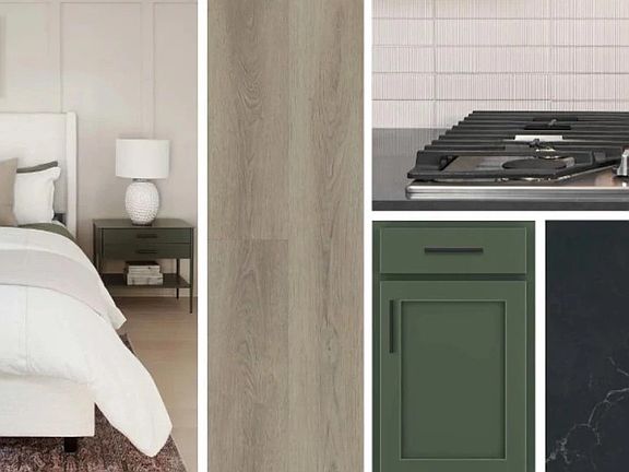 This home features the AW Collection R Rosemary, with rich green cabinetry, dark countertops, and e