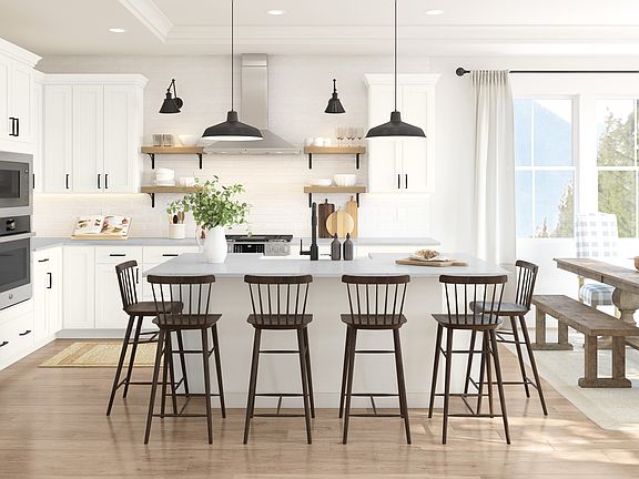 Kitchen with pendant lighting and floating shelves
