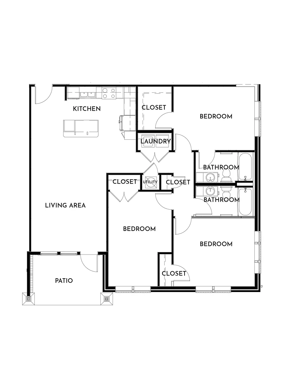 Floor plan 3BR 2BA (1312 SF)