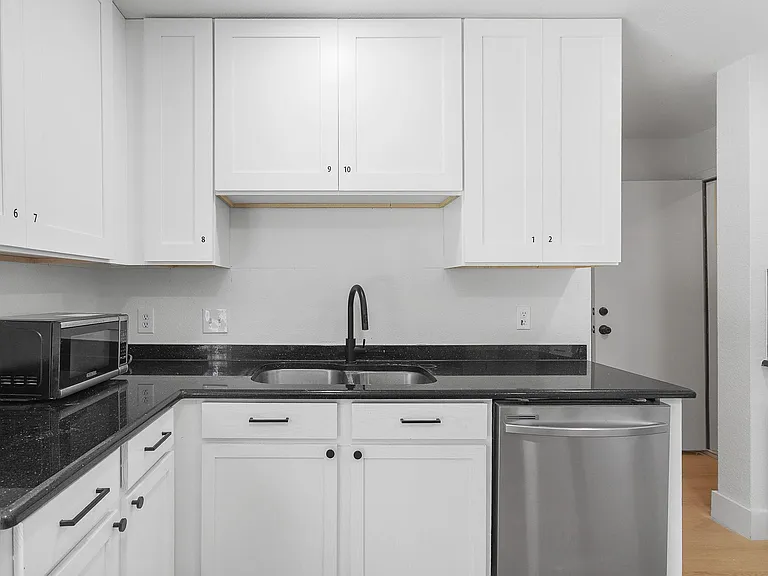 Kitchen workspace with ample cabinet storage, dark countertops, double-basin sink, and dishwasher for easy daily use.