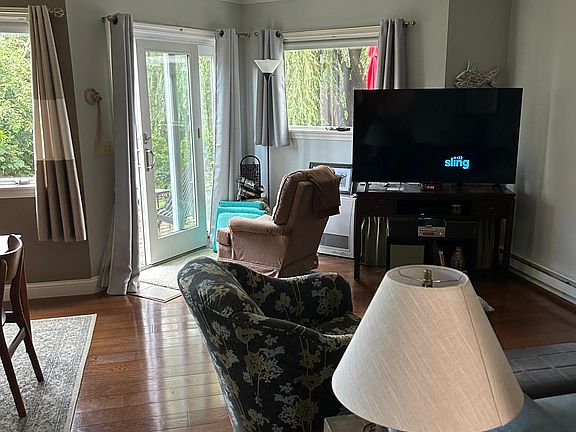 Living room and back patio area